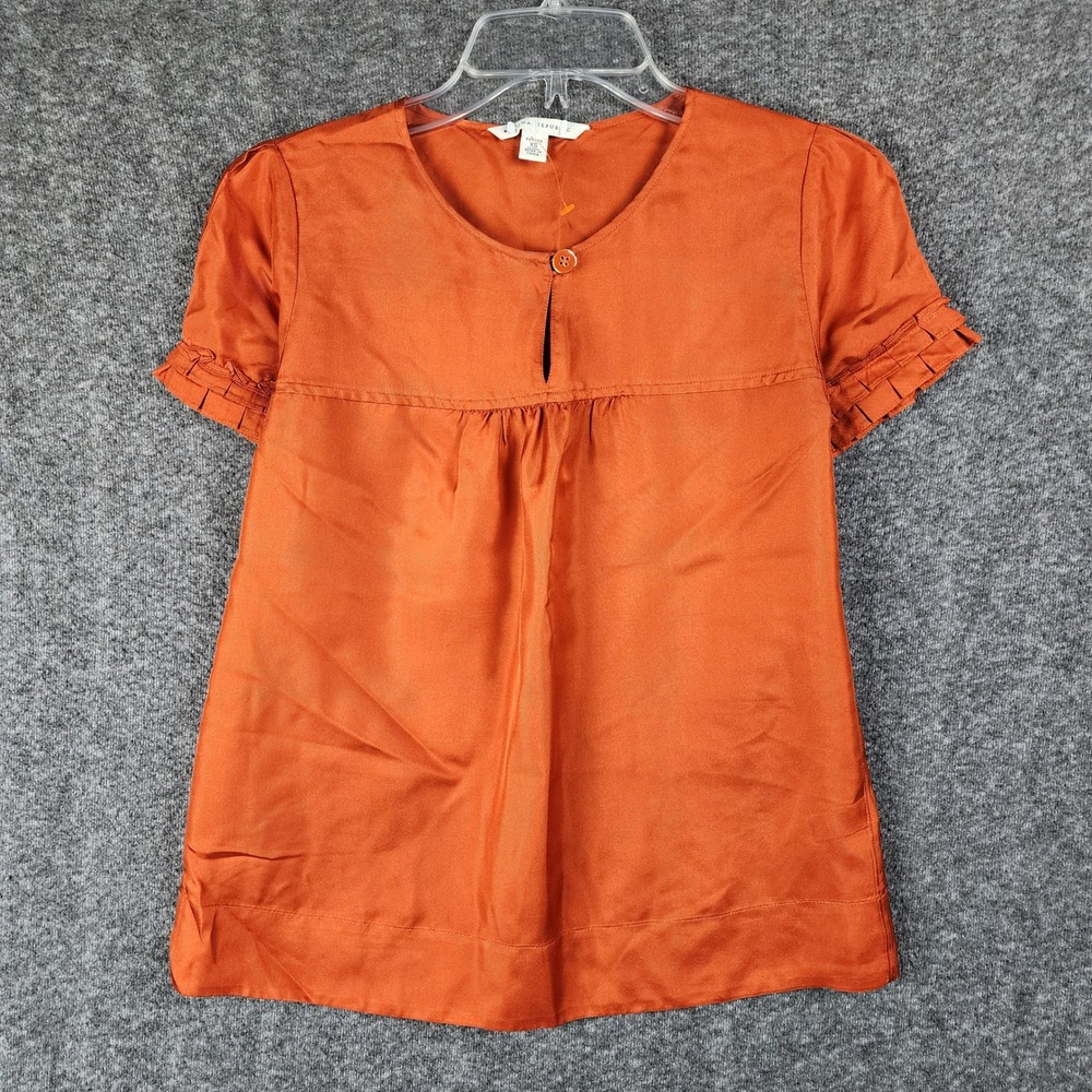 Banana Republic Blouse Womens Petite XS Orange Silk Ruffle Short Sleeve EUC